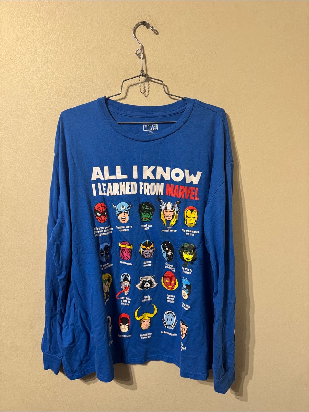 Unisex Crew Neck Blue All I Know I Learned from Marvel Long Sleeve Shirt 3xl